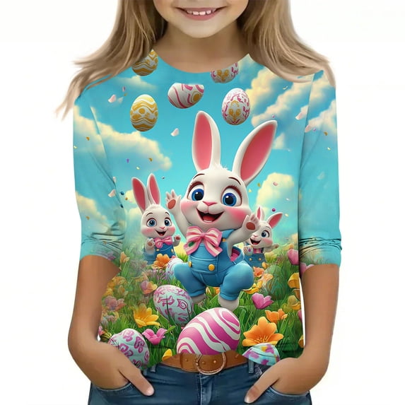 ZVAVZ 2026 Trendy Easter Shirts for Girls Funny Bunny Graphic Tee Shirts Toddler Girls Cotton 3/4 Sleeve Tops Crewneck Casual Summer T Shirts Multicolor,5-6Years