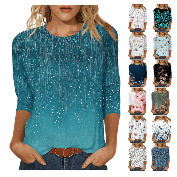 ZVAVZ 3/4 Length Sleeve Shirts for Women Boho Floral Print Tunic Tops Dressy Casual Crewneck Loose Tee Plus Size Tops for Holiday Beach Business Daily Blue,2XL