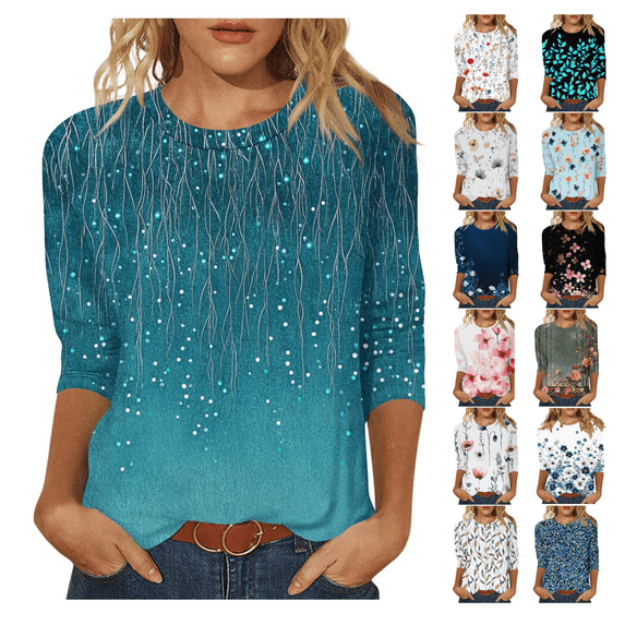 ZVAVZ 3/4 Length Sleeve Shirts for Women Boho Floral Print Tunic Tops Dressy Casual Crewneck Loose Tee Plus Size Tops for Holiday Beach Business Daily Blue,5XL