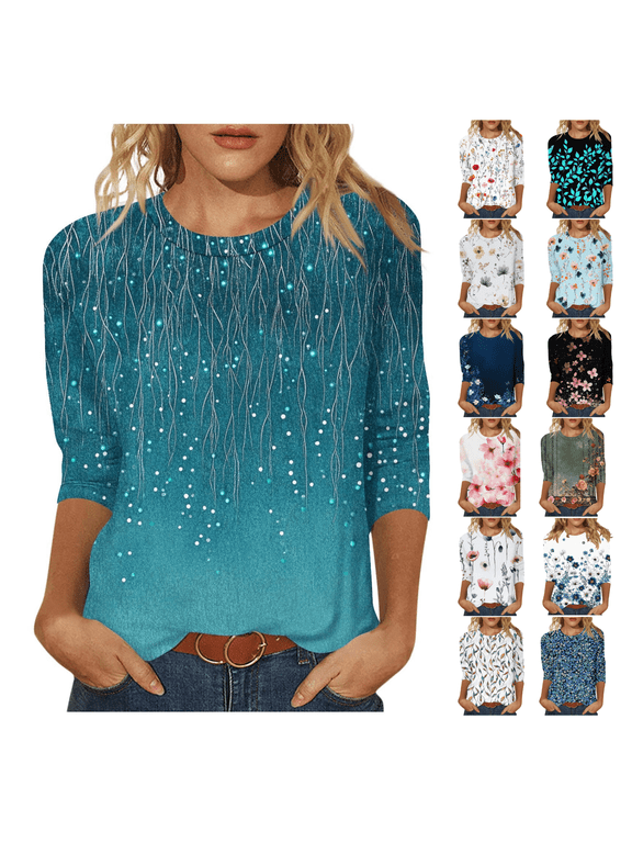3/4 Length Sleeve Shirts for Women Boho Floral Print Tunic Tops Dressy Casual Crewneck Loose Tee Plus Size Tops for Holiday Beach Business Daily Light Blue S