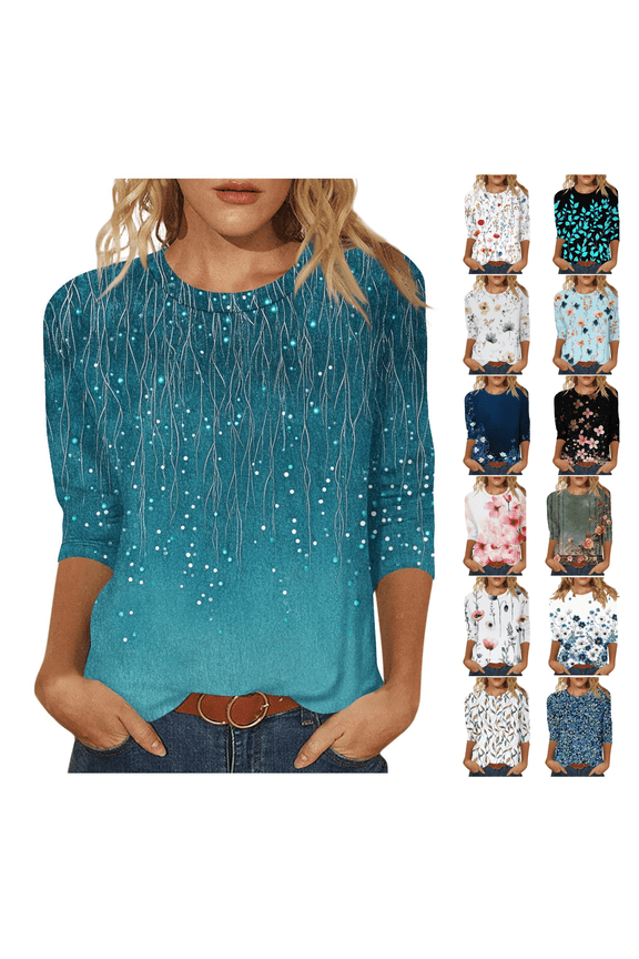 3/4 Length Sleeve Shirts for Women Boho Floral Print Tunic Tops Dressy Casual Crewneck Loose Tee Plus Size Tops for Holiday Beach Business Daily Light Blue S