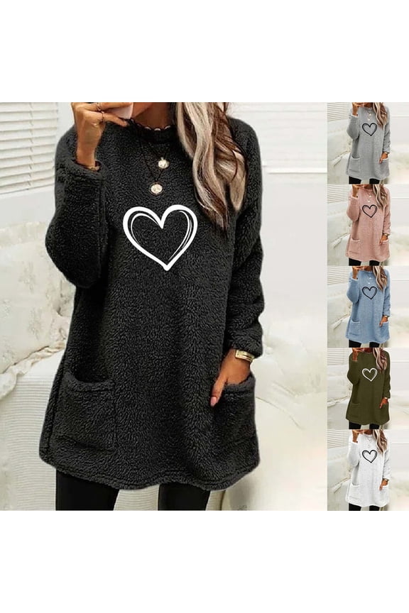 Up To 50% Off Fashion Plus Size Fuzzy Fleece Tops for Women Cute Graphic Print Sweater Long Sleeve Thermal Pajamas Tops Thicken Warm Crewneck Sherpa Pullovers