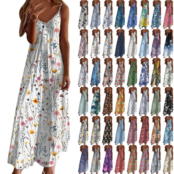 ZVAVZ Beach Dresses for Women 2025 Vacation,Women Vinatge Floral Sleeveless Maxi Sun Dress Strap V Neck Ankle Casual Long Dresses Multicolor,3XL