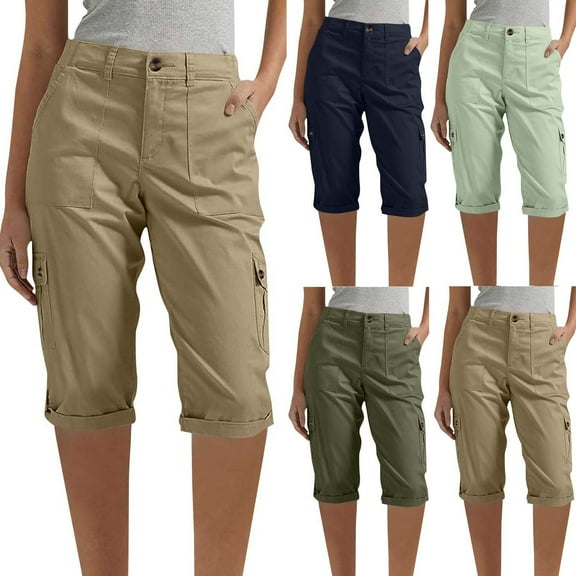 ZVAVZ Bermuda Shorts for Women Straight Leg Chino Cargo Shorts with Pockets Travel Summer Cargo Shorts 2025 Trendy Khaki,L
