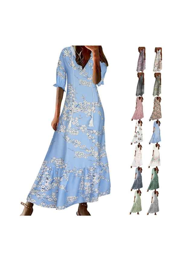 Boho Dresses for Women Summer Casual Long Dress Vacation Clothes 3/4 Sleeve V Neck Dress