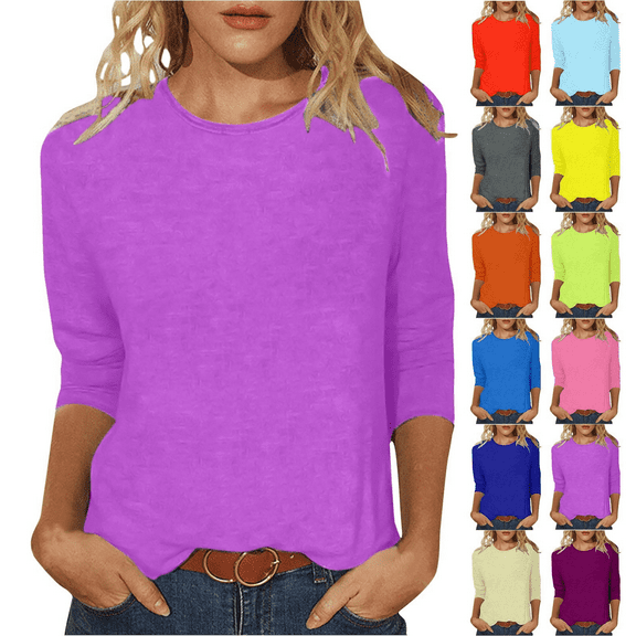 ZVAVZ Boho Tops for Women 3/4 Length Sleeve Casual Holiday Tshirts Solid Color Crewneck Basic Tunic Tees Pink,M