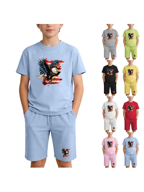 Boy Girl 2 Piece Summer Outfits American Flag Eagle Graphic Tee Shirt and Shorts Kids Clothing Set 4th of July 250th Anniversary Outfit Sets Black 5 Years