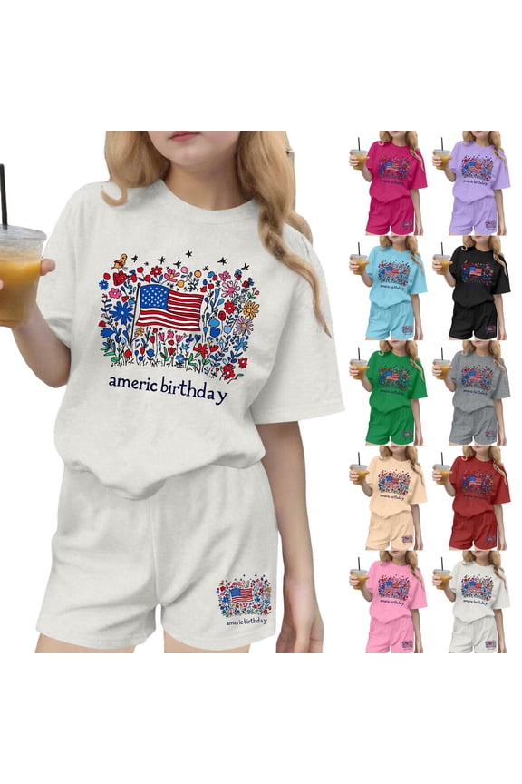 Boys Girls 4th of July Outfits American Flag Graphic Tee and Shorts Patrotic Matching Set 250th Anniversary Clothing Set Summer Casual Tracksuit Gray 13-14Years