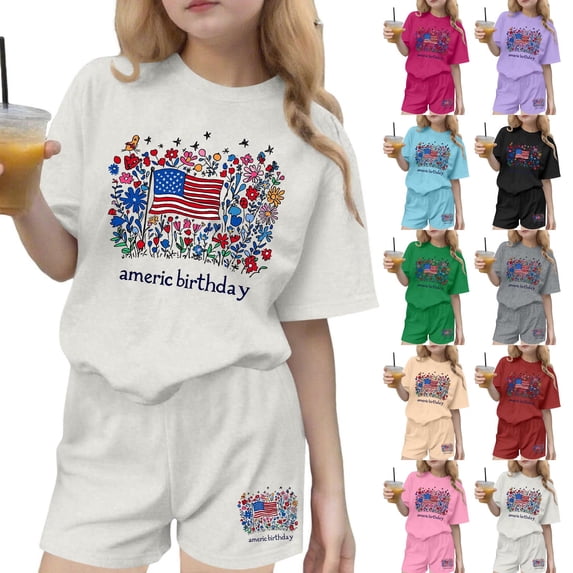 ZVAVZ Boys Girls 4th of July Outfits American Flag Graphic Tee and Shorts Patrotic Matching Set 250th Anniversary Clothing Set Summer Casual Tracksuit Red 7-8Years