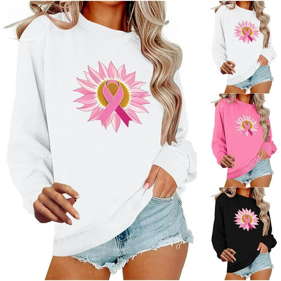 yoeyez Breast Cancer Awareness Shirts for Mom Pink Ribbon Graphic Tee Long Sleeve Crewneck Sweatshirts Pullover White,S