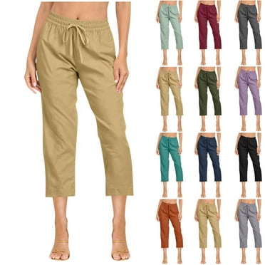 ZVAVZ Capri Pants for Women 2025 Petite Cotton Linen Cropped Pant with Pockets Drawstring Elastic Waist Straight Leg Pants Summer Beach Travel Vacation Capris Army Green,L