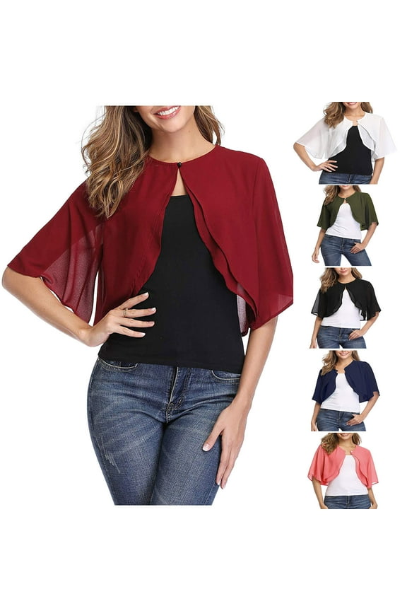 Chiffon Capelet,Women's Solid Color Soft Shawls And Wraps Short Sleeve Open Front Bolero Cardigan for for Evening Wedding Black,S