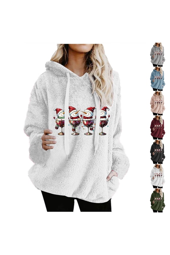 Christmas Hoodie Sweatshirts for Women Xmas Fuzzy Fleece Sweatshirt Faux Shearling Warm Sherpa Pullover Tops with Hood Gray,S