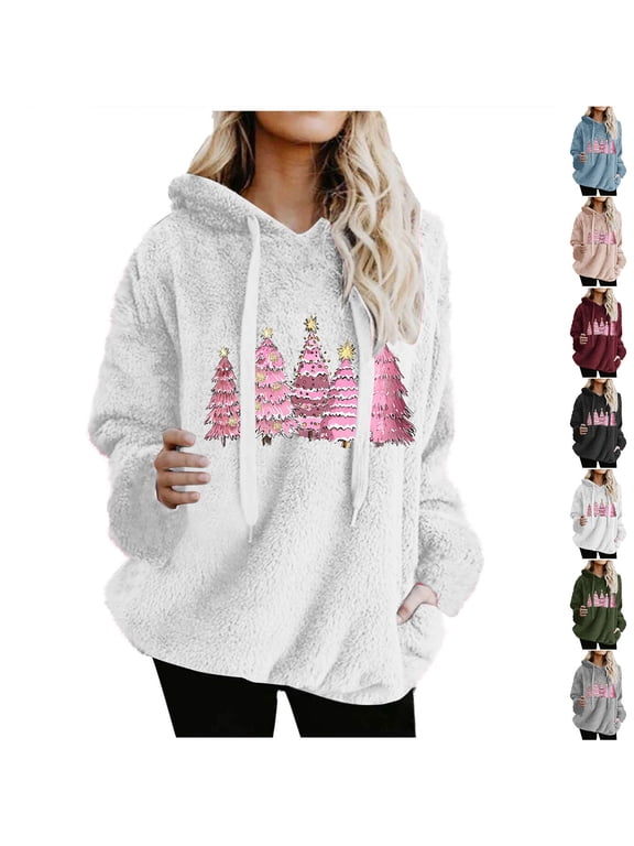 Christmas Hoodie Sweatshirts for Women Xmas Fuzzy Fleece Sweatshirt Faux Shearling Warm Sherpa Pullover Tops with Hood Wine,S