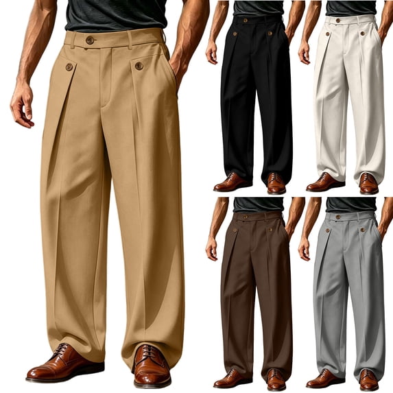 ZVAVZ Classic Fit Pleated Dress Pants for Men High Waist Straight Leg Work Pants Solid Baggy Office Pants Fashion Business Casual Chino Pants Beige M