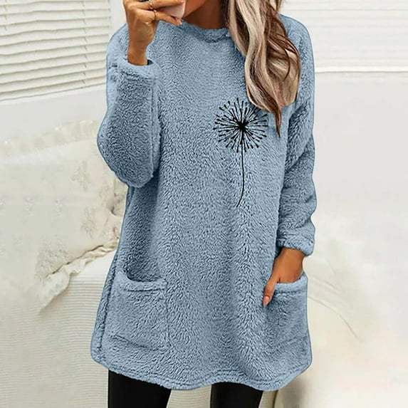 ZVAVZ Plus Size Fuzzy Fleece Tops for Women Cute Graphic Print Sweater Long Sleeve Thermal Pajamas Tops Thicken Warm Crewneck Sherpa Pullovers