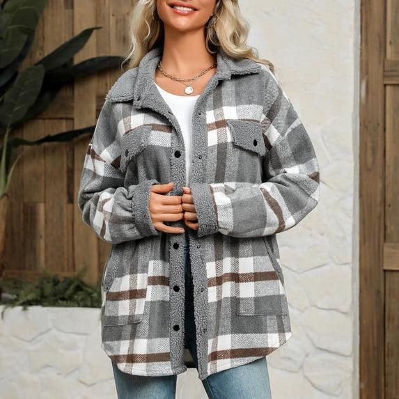 ZVAVZ Womens Plaid Shacket Jacket Long Sleeve Lined Flannel Jackets for Women Laple Neck Fleece Jacket Coat Fall Jackets for Women 2025 Womens Sherpa Jacket