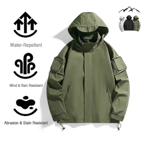 ZVAVZ Climbing Hooded Rain Jacket for Men Waterproof Cargo Hiking Jackets Solid Zip Up Windbreakers Rain Coats with Detachable Hood Army Green XXXL