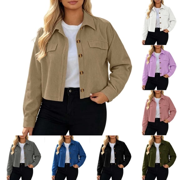 ZVAVZ Corduroy Cropped Jacket for Women Long Sleeve Oversized Button Down Jacket with Decorative Pockets Fall Winter Warm Shackets Army Green L