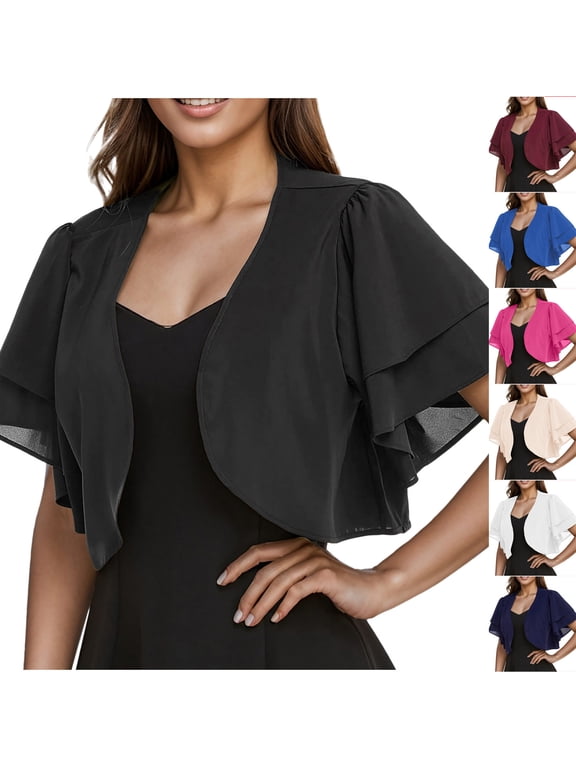 Cropped Cardigan for Women Summer Ladies Solid Color Chiffon Bolero Shrug Short Sleeve Cardigans for Evening Dress Beach Cover Up Beige,2XL