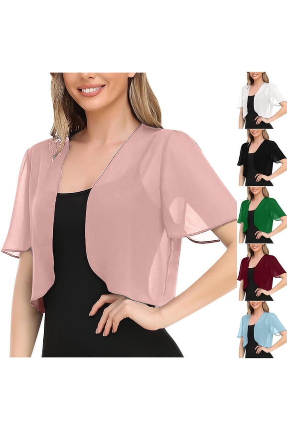 Cropped Cardigan for Women Summer Ladies Solid Color Chiffon Bolero Shrug Short Sleeve Cardigans for Evening Dress Beach Cover Up Black,M