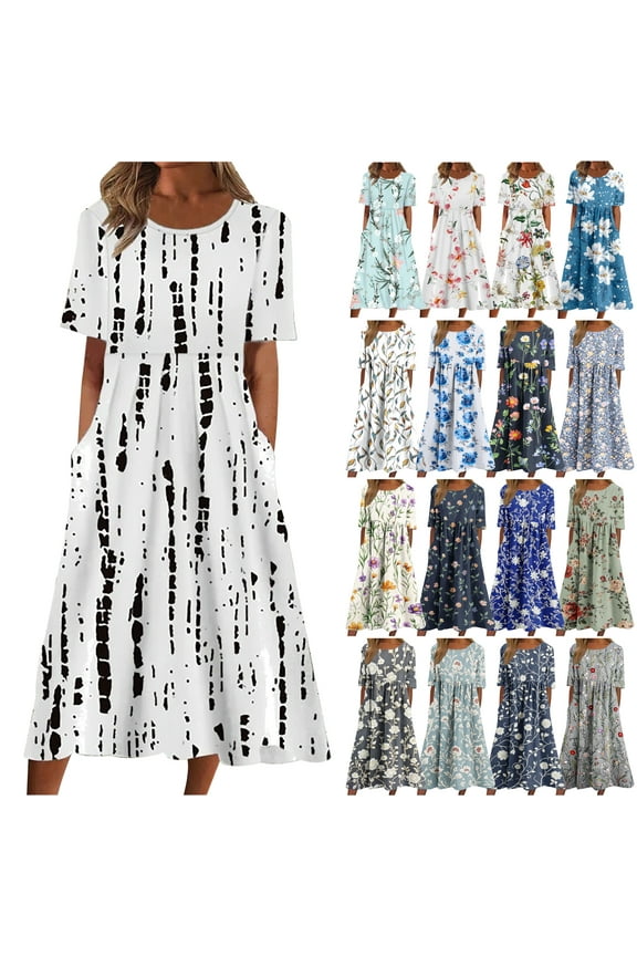 Cute Summer Outfits Fashion Women Casual Round Neck Printing Summer Short Sleeve Pockets Dress Ropa De Mujer