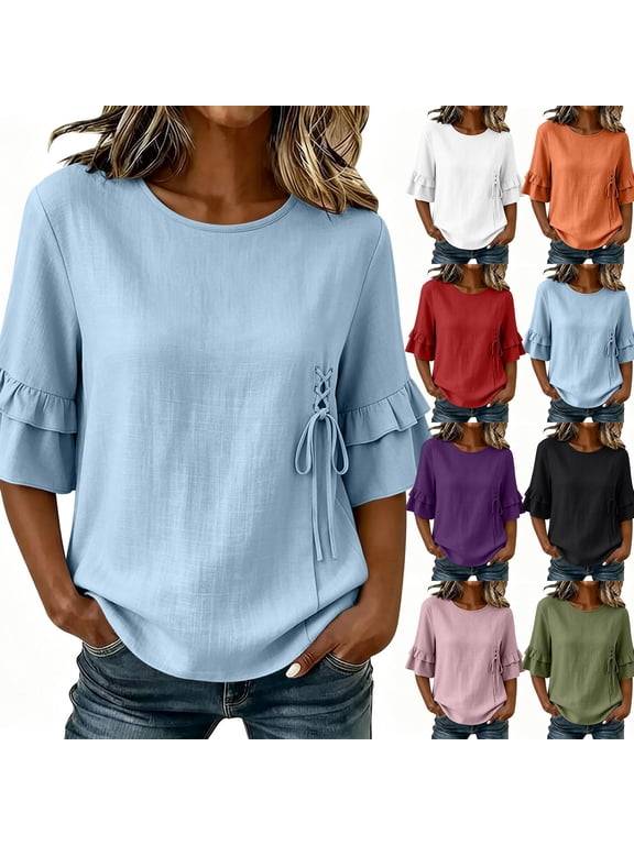 Double Ruffle 3/4 Sleeve Tops for Women Cotton Linen Crew Neck T-Shirts with Front Drawstring Summer Fashion Dressy Blouses Army Green#womens tops 2026 trendy#17 S