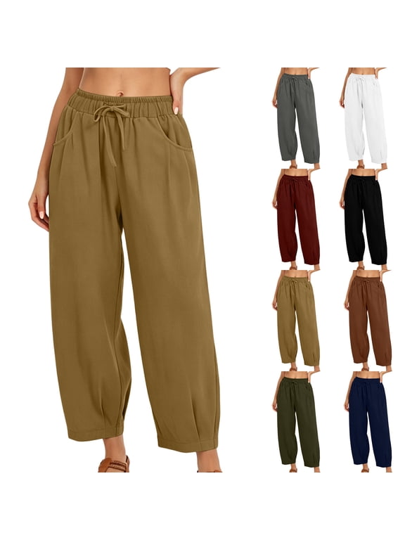 Drawstring Beach Pants for Women Lightweight High Waisted Jogger Pants with Pockets Solid Casual Vacation Pants Navy S