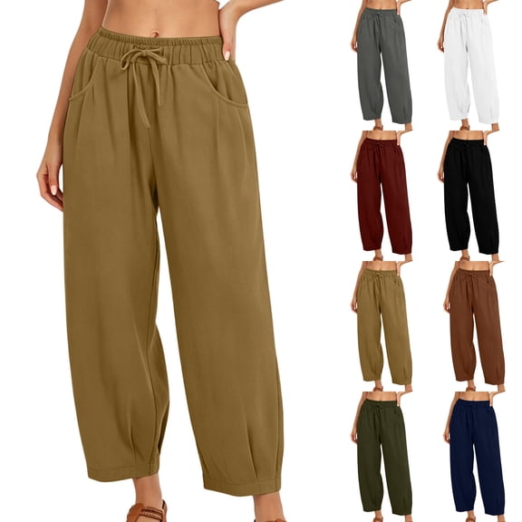 ZVAVZ Drawstring Beach Pants for Women Lightweight High Waisted Jogger Pants with Pockets Solid Casual Vacation Pants Orange S
