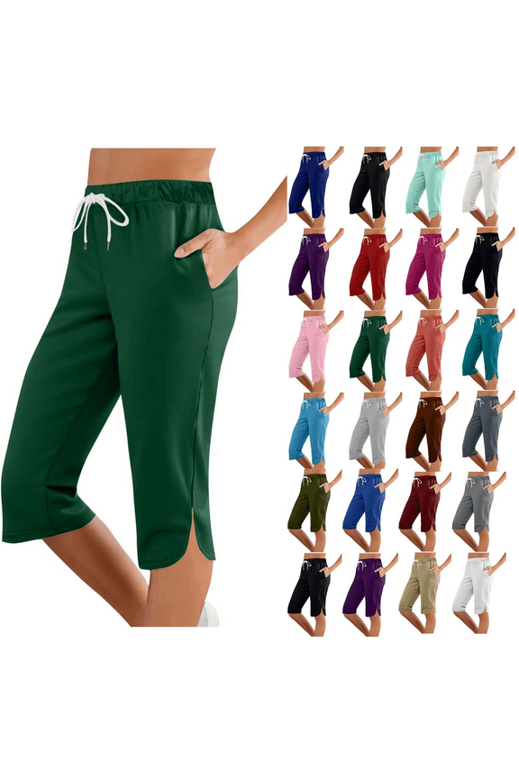 Drawstring Shorts for Women with Pockets Solid Color Knee Length High Waist Shorts Casual Loose Soft Shorts Pink,L