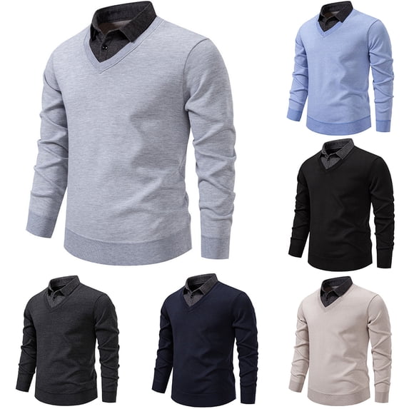 ZVAVZ Dress Sweaters for Men V Neck Knit Sweater Double Layer Long Sleeve Collared Shirts Fashion Business Office Work Tops Gray M