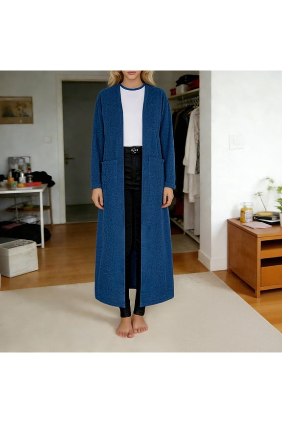 Extra Long Cardigan for Women Cotton Maxi Open Front Cardigans Lightweight Plus Size Knit Cardigans Casual Cardigans Duster with Pockets Blue XL