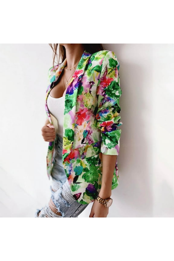 Fall Clearance Shirts Women's Casual Lightweight Blazer Jacket Classic Open Front Lapel Blazers Floral Print Fashion Cardigan Jacket Work Suit Linen Blazer