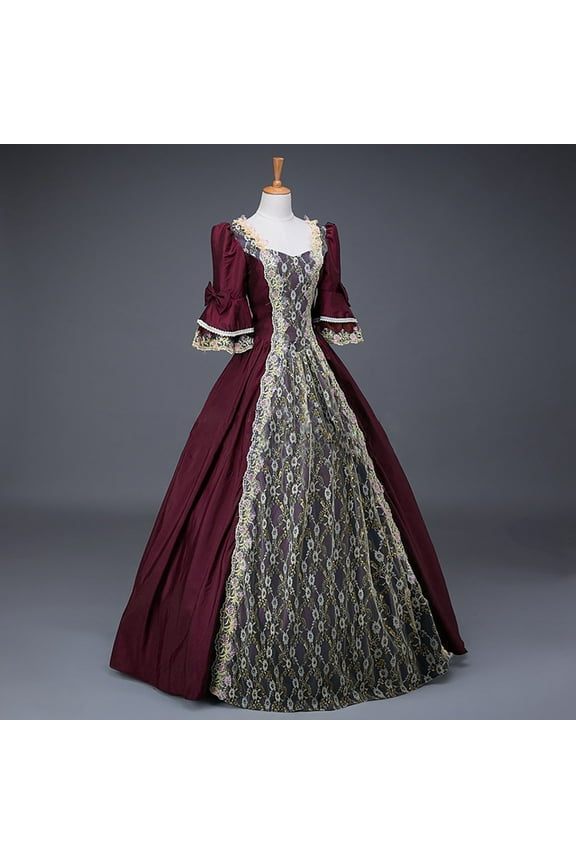 Fall Dress for Womens Vintage Lace Patchwork Dress Retro Flare Sleeve Dress Wedding Guest Floor Length Gothic Ball Gown Plus Size Maxi Dresses For Curvy Women