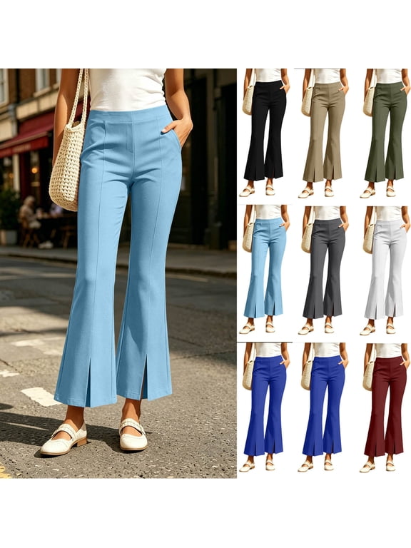 Flare Dress Pants for Women Bootcut Office Pants with Split Hem Stretchy High Waist Business Work Pants Black S