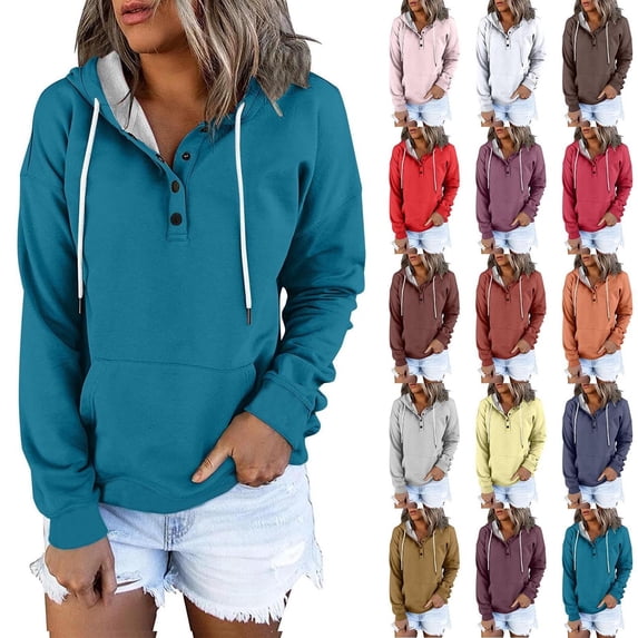 yoeyez Fleece Hoodie Women Buttons Collar Hooded Sweatshirts Drawstring Long Sleeve Oversize Pullover Tops Kangaroo Pocket Brown,S