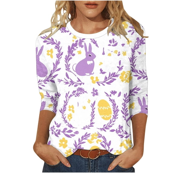 ZVAVZ Funny Bunny Print T Shirt for Women Cute Festival Outfits 3/4 Sleeve Tops Crewneck Cotton T-Shirt Gifts for Her Purple,M