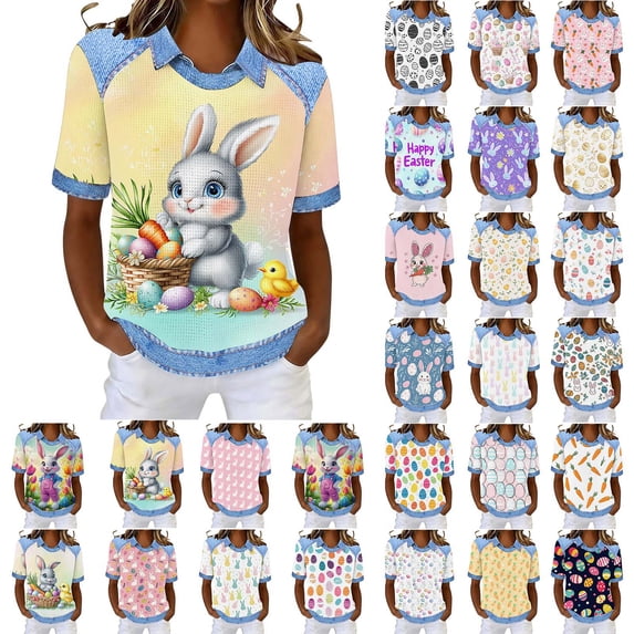 ZVAVZ Funny Easter Shirts for Women Waffle Knit Bunny Egg Print Tshirt Cute Graphic Short Sleeve Patchwork Pullover Tops Comfy Holiday Top Hot Pink,L