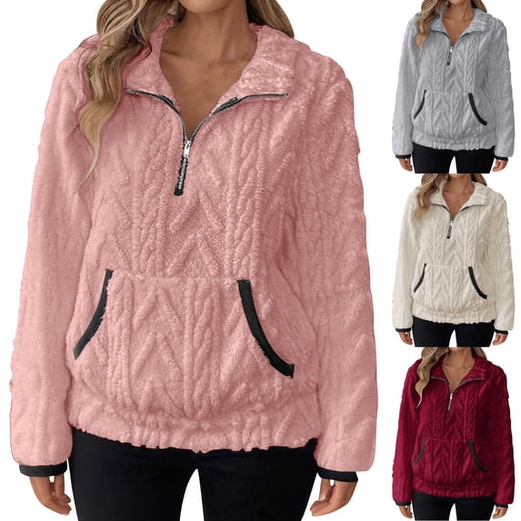 yoeyez Fuzzy Fleece Sweatshirts for Women Half Zip Sherpa Pullover Casual Laple Double Fuzzy Sweatshirt Cozy Warm Winter Wear Beige,XL