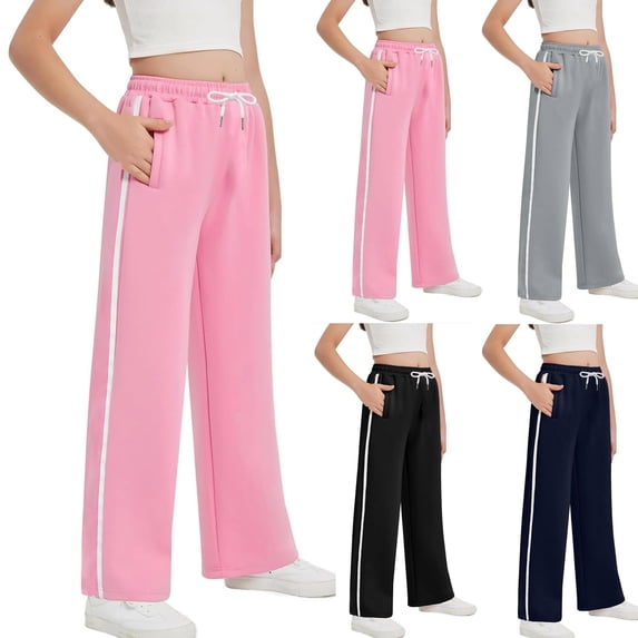 ZVAVZ Girls Open Bottom Sweatpants Wide Leg Drawstring Baggy Teen Sweat Pants Striped Side Fashion Casual Pants with Pockets Pink,9-10Years