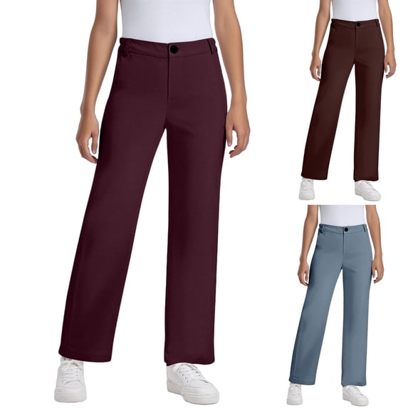 ZVAVZ Girls School Uniform Pants Kids Elastic High Waisted Dress Pants with Pockets Straight Leg Casual Trousers for Tweens Coffee,170