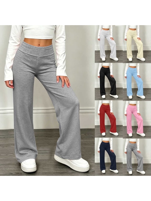 Girls Wide Leg Legging Fold Over Yoga Pants Stretchy Baggy Workout Pants Solid Lightweight Athletic Gym Pants Pink 10-11Years