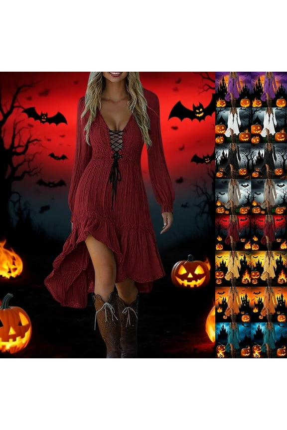 Gothic Dress for Women Plus Size Fairy Ruffled Irregular Hem Dress Long Sleeve Lace Up Halloween Dresses Vintage Western Cowgirl Dresses Black,XL