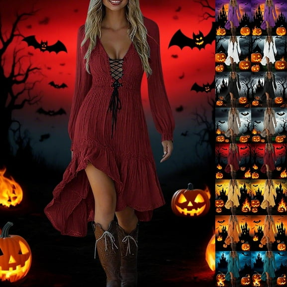ZVAVZ Gothic Dress for Women Plus Size Fairy Ruffled Irregular Hem Dress Long Sleeve Lace Up Halloween Dresses Vintage Western Cowgirl Dresses Wine,XL