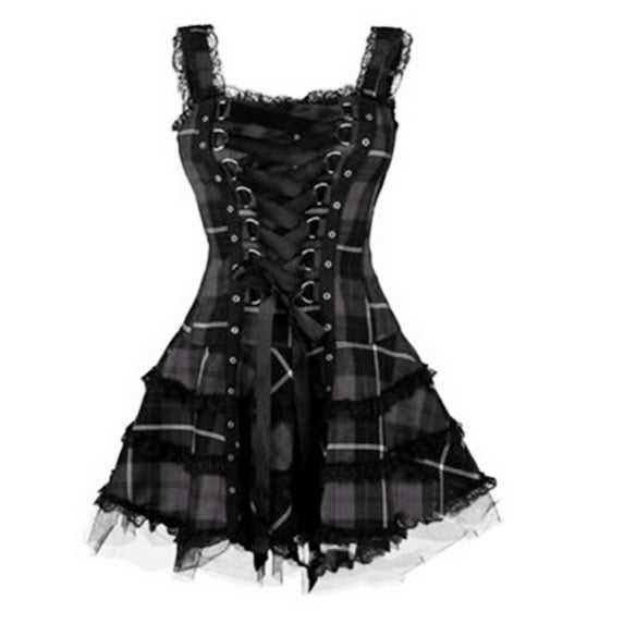 ZVAVZ Gothic Dress for Women Vintage Medieval Victorian Costumes Sleeveless Strappy Lace Up Mini Dress Steampunk Clothing A-line Party Dresses for Cocktail Carnival Black,S