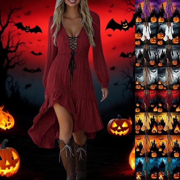 ZVAVZ Gothic Dress for Women Plus Size Fairy Ruffled Irregular Hem Dress Long Sleeve Lace Up Halloween Dresses Vintage Western Cowgirl Dresses Wine,L