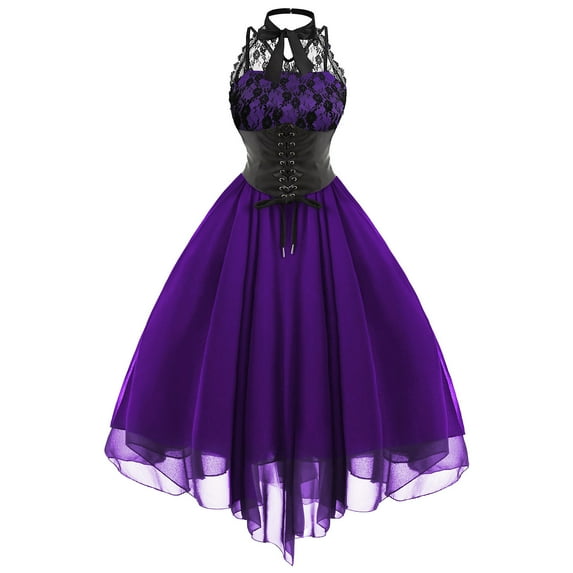 ZVAVZ Gothic Dresses for Women Plus Size Medieval Renaissance Costume Vintage Chiffon Sleeveless Lace Up Dress Ladies Corset Halter Dresses Purple,S
