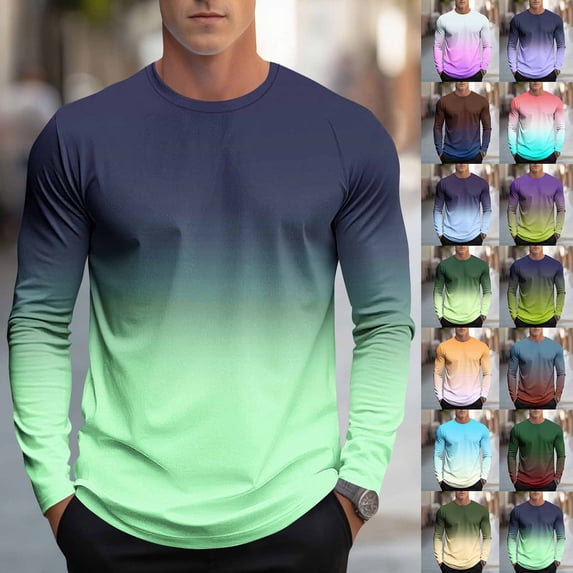 ZVAVZ Gradient Color T-Shirts for Men Big and Tall Crew Neck Tee Shirt Long Sleeve Casual Athletic Workout Tops Yellow XXXXL