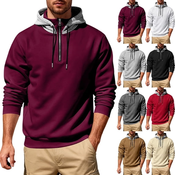 ZVAVZ Half Zip Hoodies for Men Big and Tall Color Block Hooded Shirt Loose Fit Hippie Tops Fall Winter Thick Long Sleeve Pullover Top Red XXL