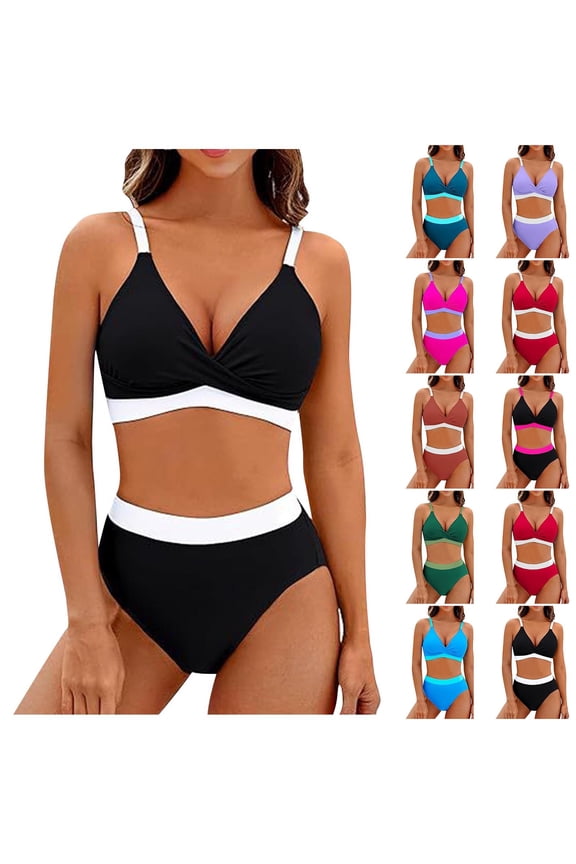 High Waisted Bikini Sets for Women Two Piece Trendy Swimsuits Cheeky Color Block Twist V Neck Bathing Suit Tummy Control Push Up Swimwear Clearance,Watermelon Red S